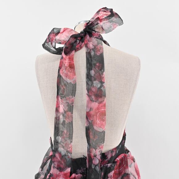 RIHOAS Dress Size S VNeck Floral Print Tiered Layered Halter Midi Black Pink NEW - Picture 6 of 12